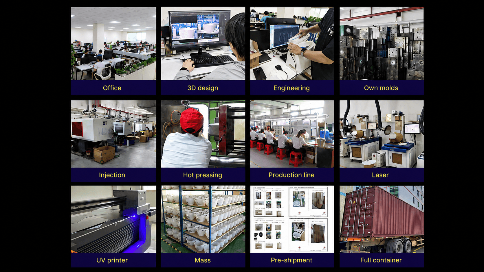 Comfort factory office, design, engineering, molds, injection, production, laser, UV printing, mass goods and shipment